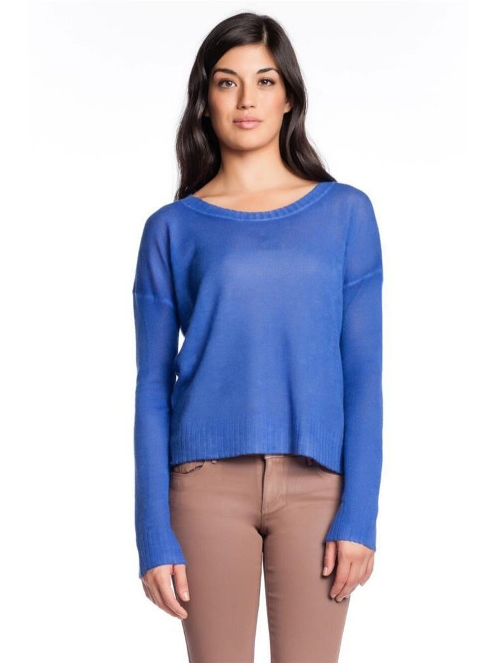 360 Bella Sweater Violet Boatneck 100% Cashmere Long Sleeves Boat Neck Blue NEW